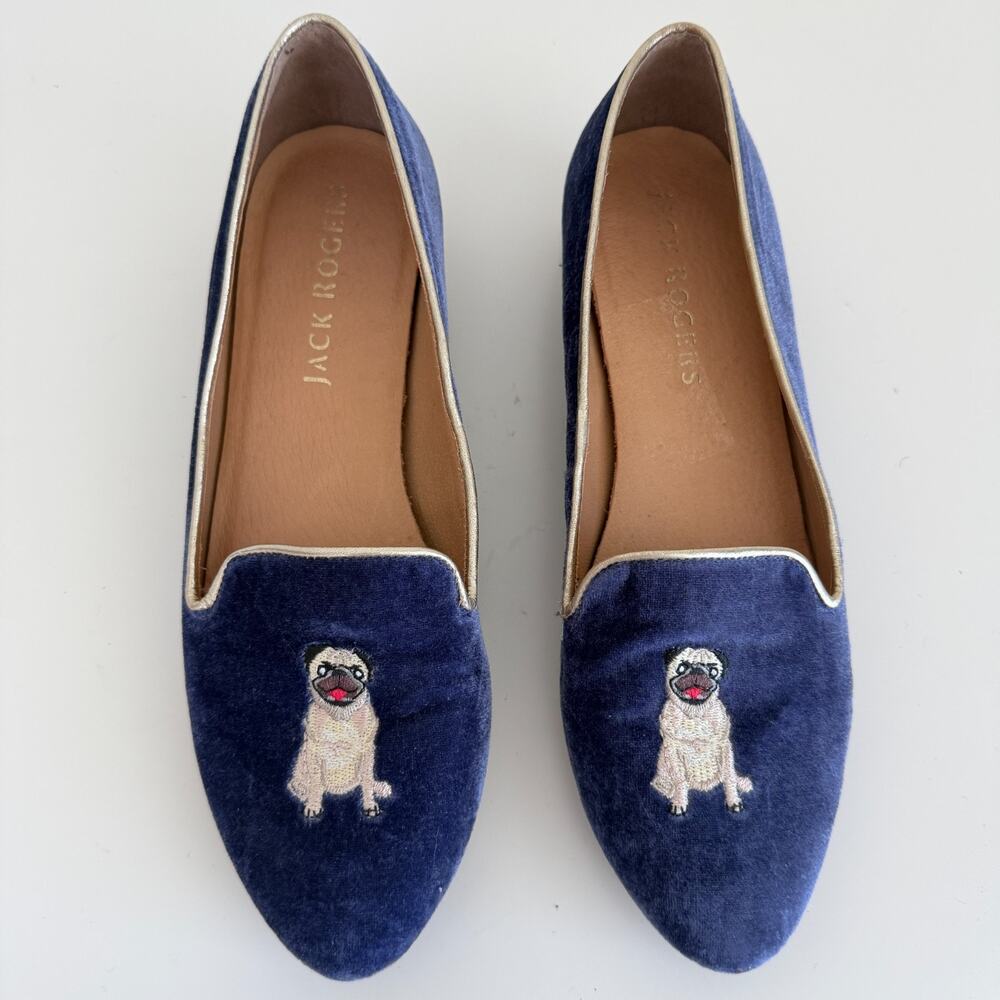 Jack Rogers Loafers Womens 9 Blue Velvet Pug Dog Embroidered Smoking Shoes Flats - Picture 2 of 11